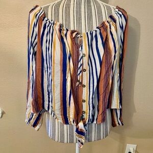 Rewind Boho Top XXL White Blue Brown Gold Striped Button-Up Rayon Long Sleeves